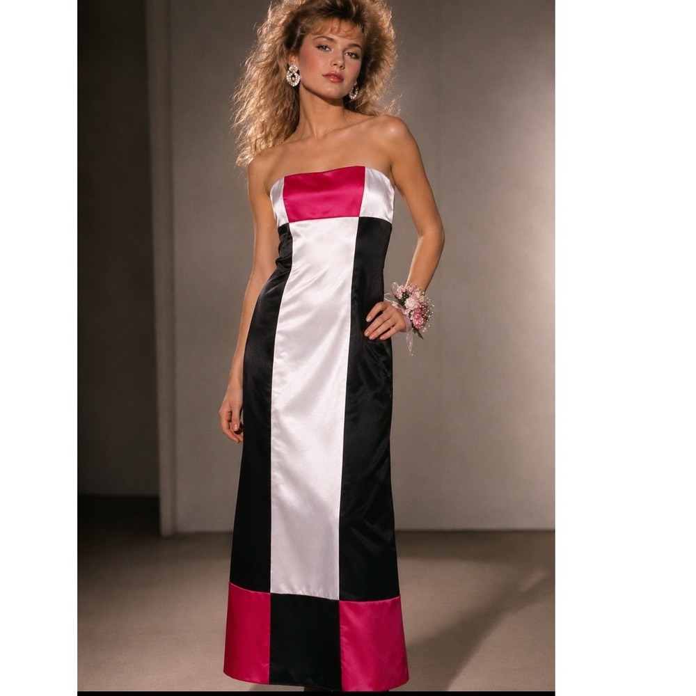 80s Colorblock Gunne sax Maxi Dress Gown Black red White retro new wave